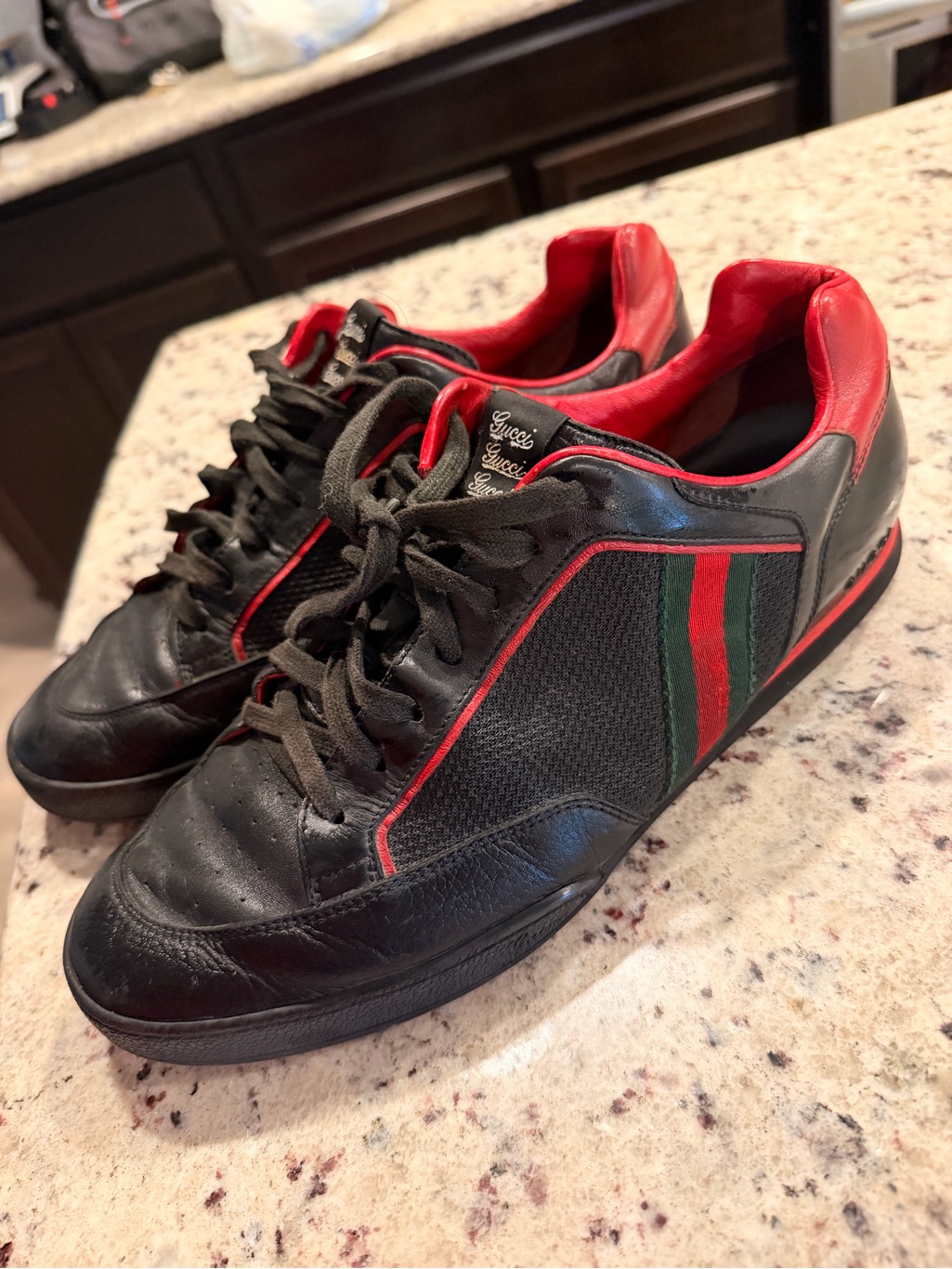 Gucci Black Leather Sneakers With Red Trim And Green Stripe